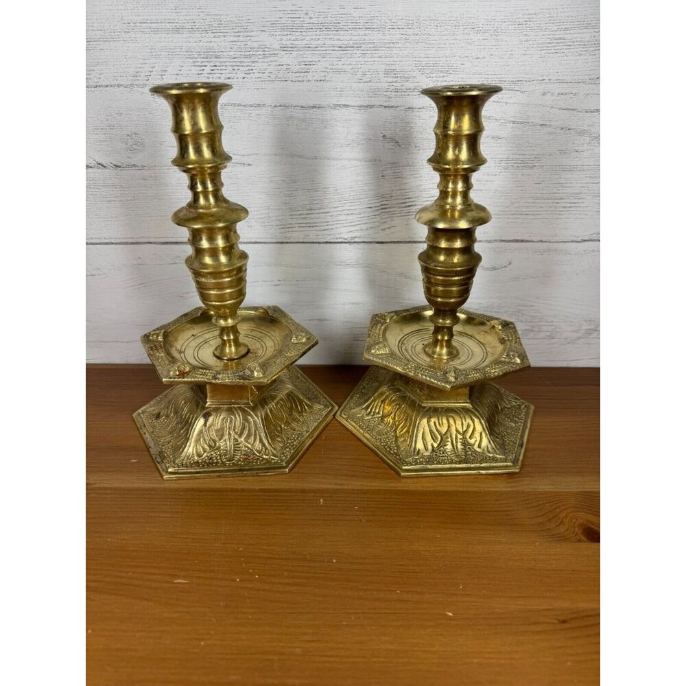 Vintage Mid Century Swedish Malm Solid Brass Candlestick Holders Ornate Set Of 2